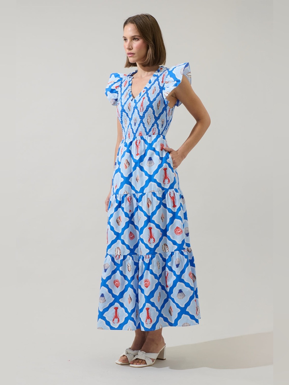 NWOT Sugarlips Lobster Bay Sunfire Tiered Midi Dress - Picture 3 of 5